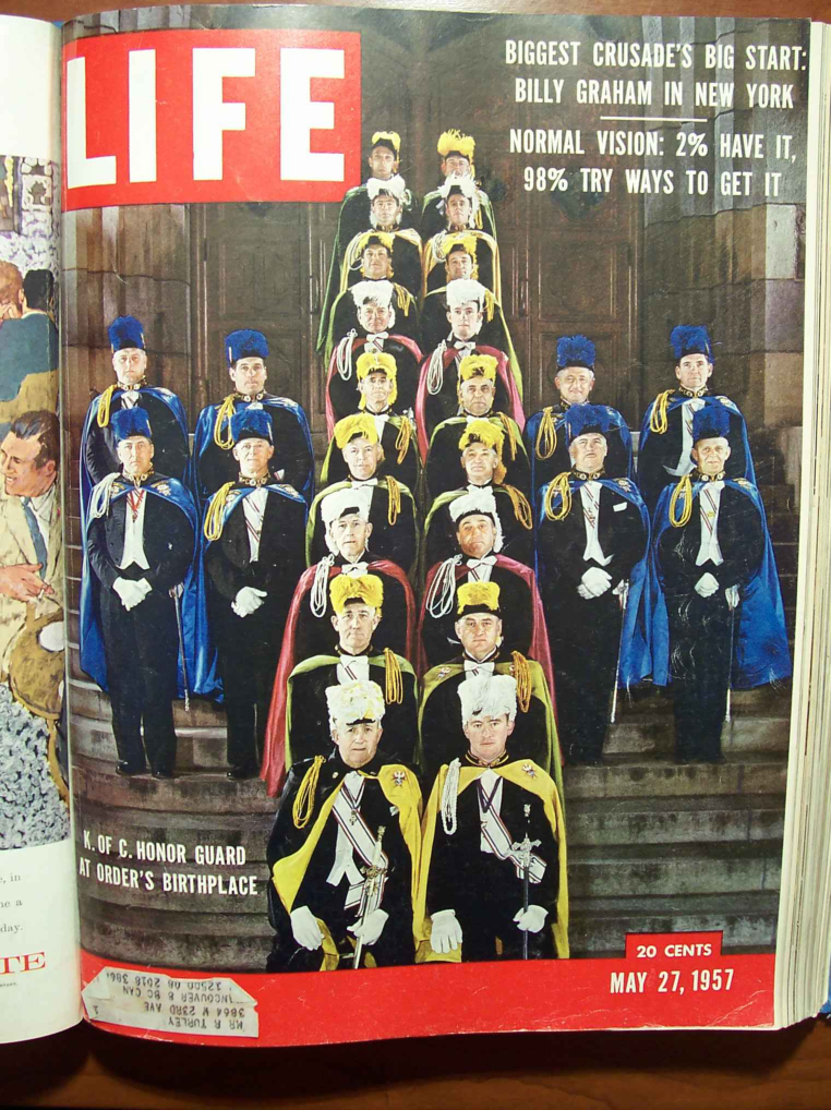 Inside Look at the Knights of Columbus plus Billy Graham segment - Life (May 1957) cover
