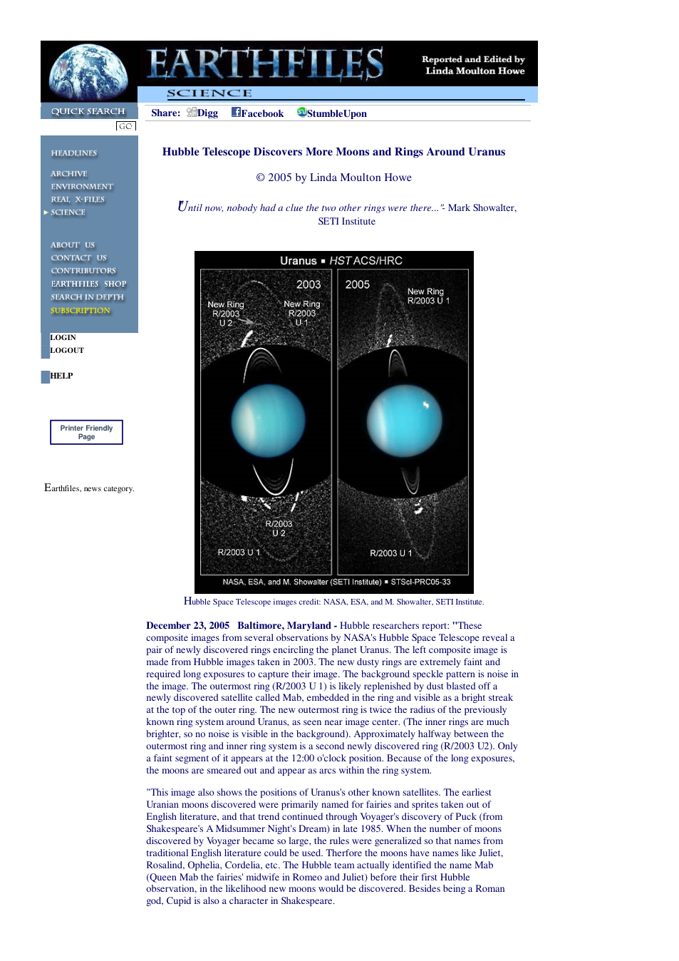 12 23 2005 Hubble Telescope Discovers More Moons and Rings Around Uranus cover