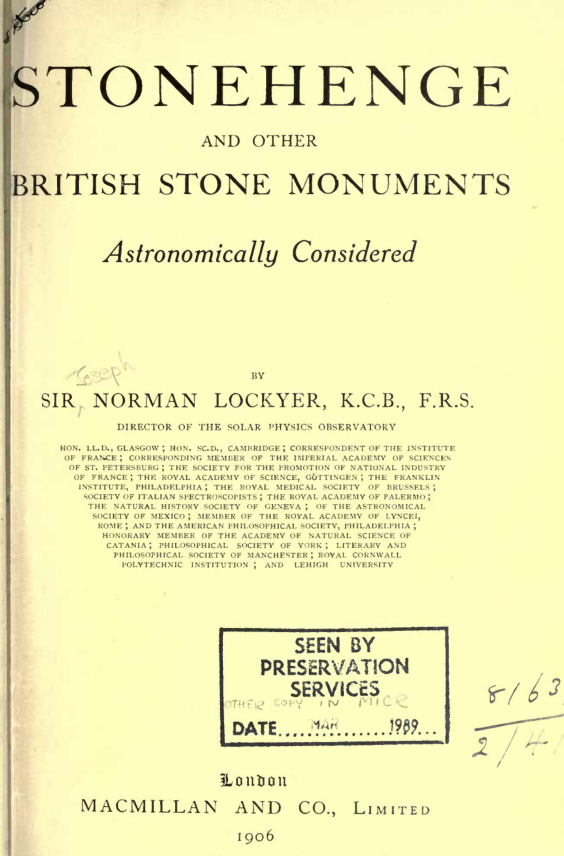 Stonehenge Astronomically Considered - N Lockyear cover