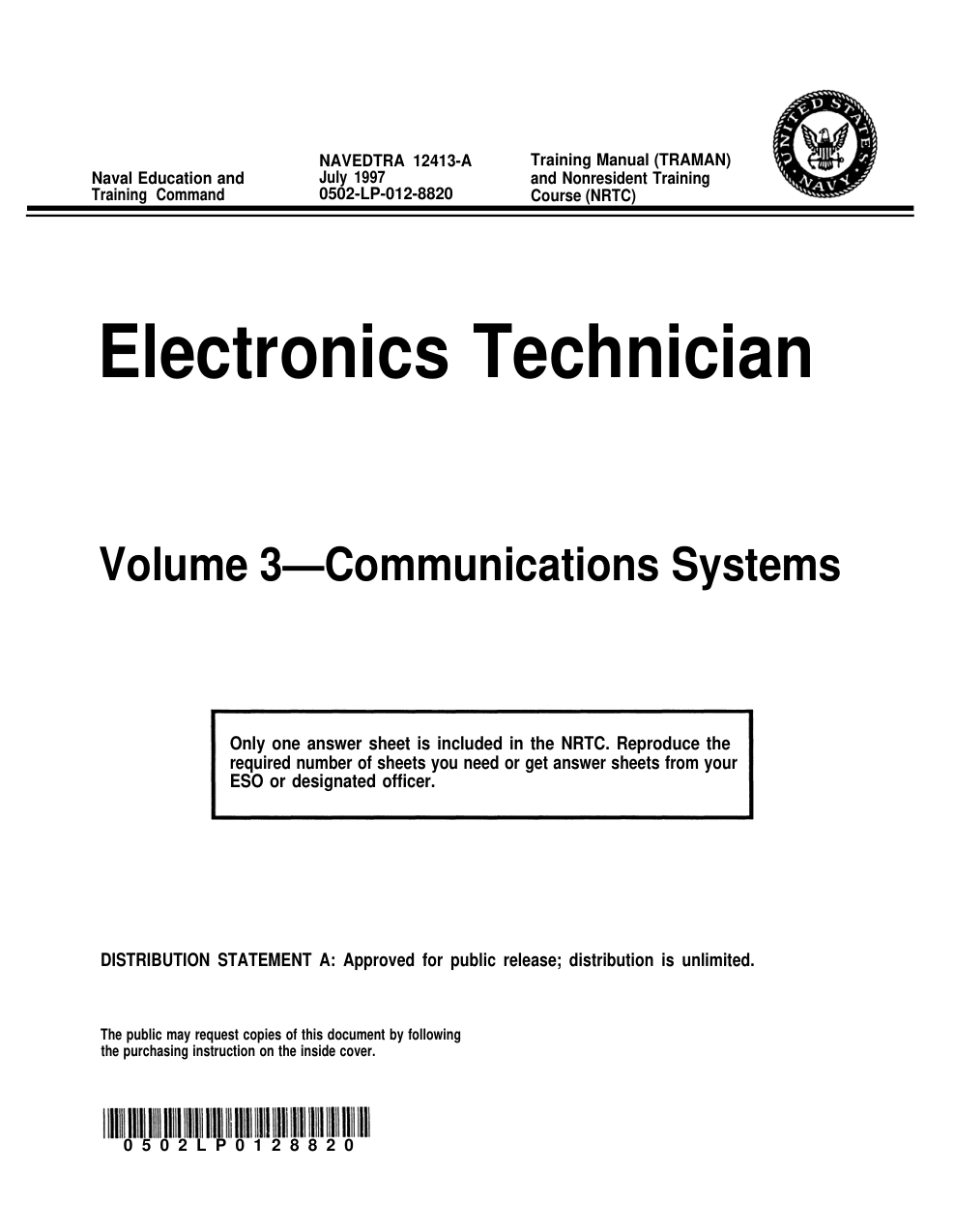 NAVY Electronics-Technician Vol 3 Comm. Sys. 1997 220p. cover