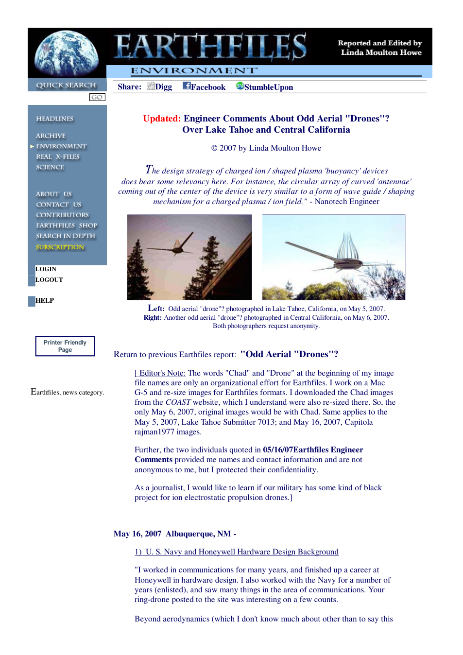 05 16 2007 Updated Engineer Comments About Odd Aerial Drones Over Lake Tahoe and Central California cover