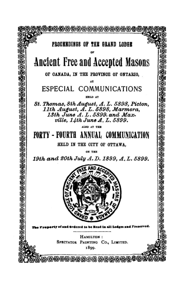 Proceedings Of The AF & Am Of Canada 1899 cover