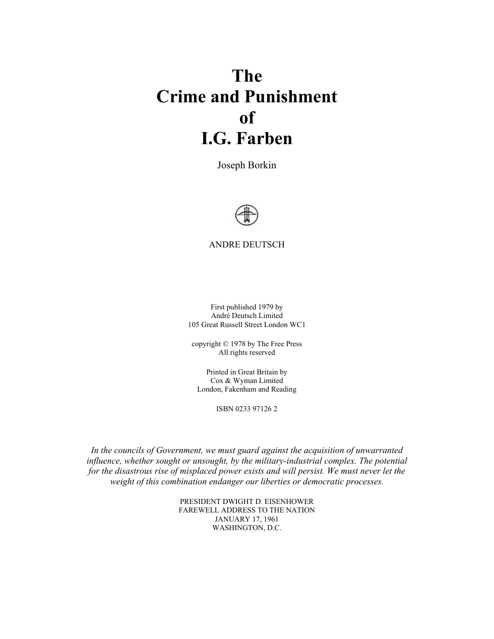 Borkin, Joseph - The Crime and Punishment of I.G. Farben (1978) cover