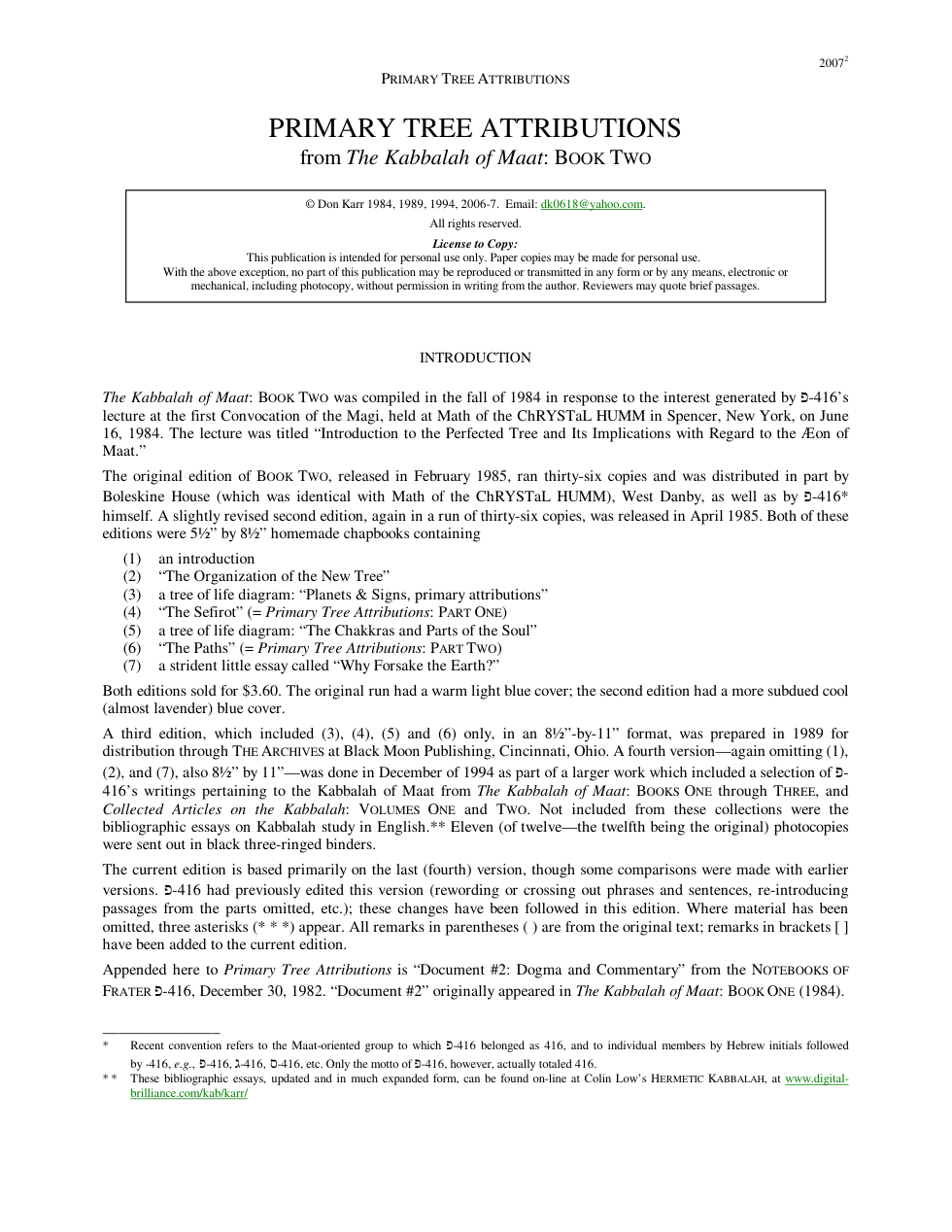 Kabbalah of Maat bk 2 -Primary Tree Attributions cover