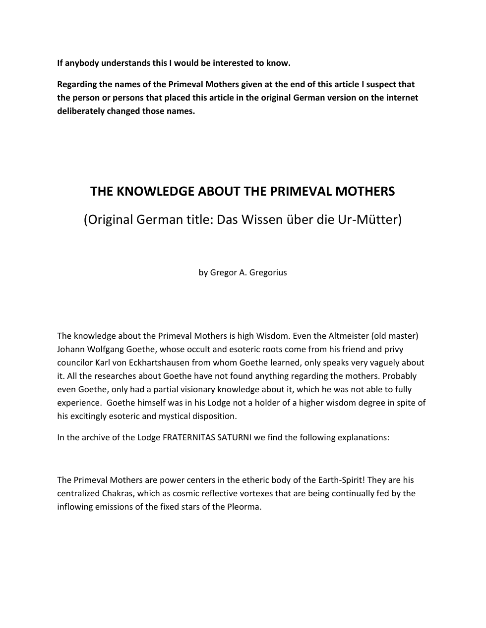 OS - THE KNOWLEDGE ABOUT THE PRIMEVAL MOTHERS Gregor A. Gregorius cover