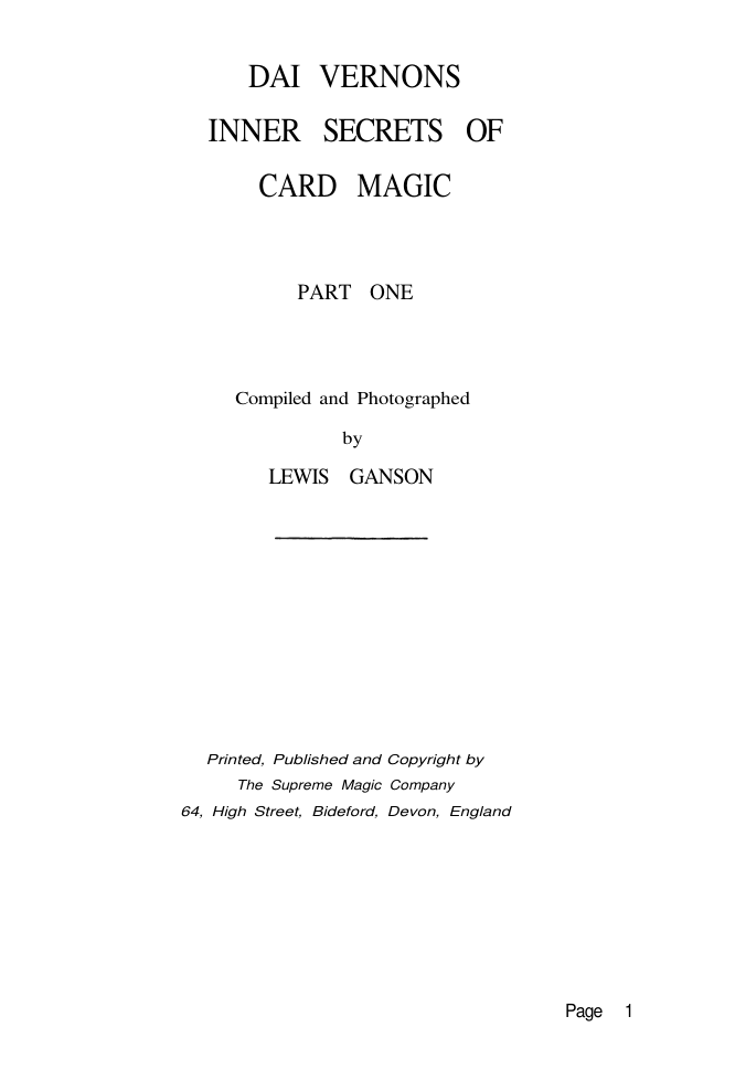Dai Vernon - Inner Secrets of Card Magic cover