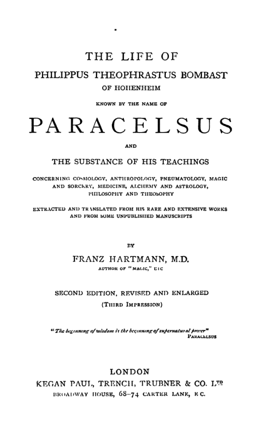 Paracelsus & the Substance of His Teaching - F Hartmann cover