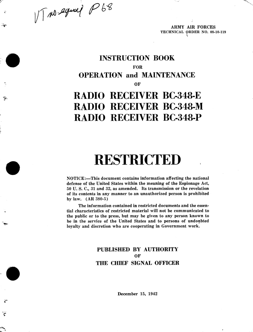 USAF WWII - Radio Manual-BC-348 Radios 1942 88 pages cover