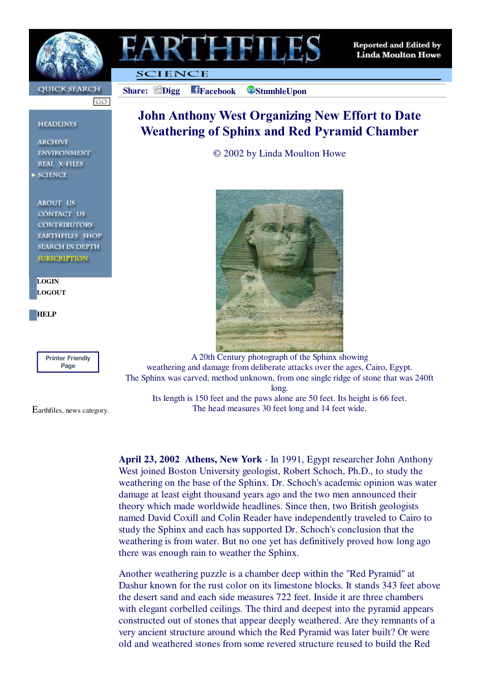 04 23 2002 John Anthony West Organizing New Effort to Date Weathering of Sphinx and Red Pyramid Chamber cover