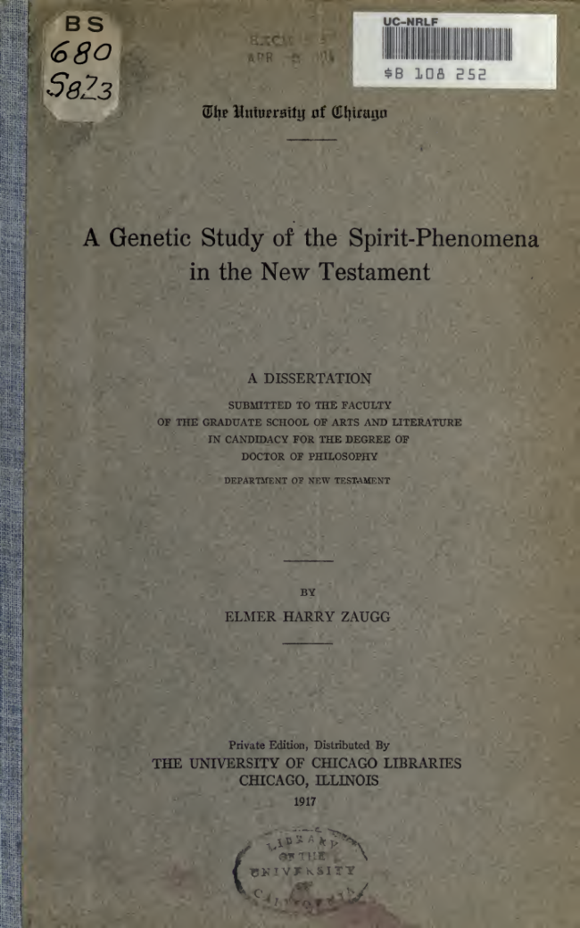 A genetic study of the spirit-phenomena in the New Testament - E. H. Zaugg (1917) cover