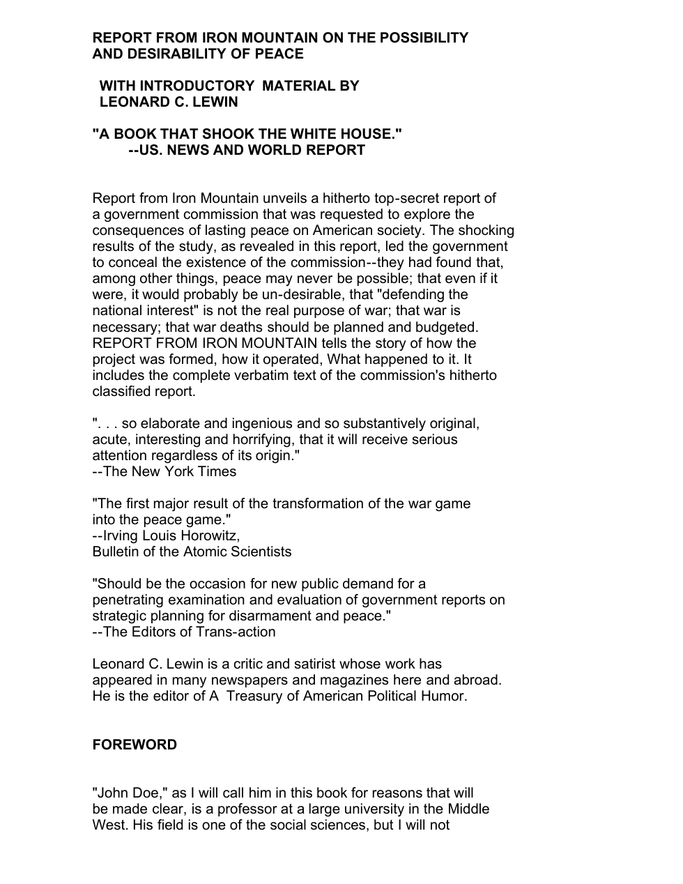 Report From Iron Mountain - War And Peace As Social Engineering cover