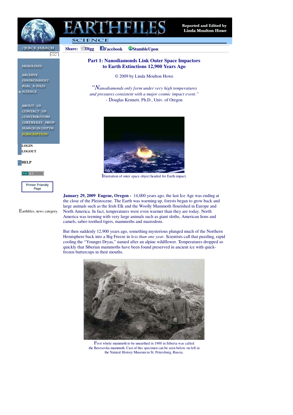 01 29 2009 Part 1 Nanodiamonds Link Outer Space Impactors to Earth Extinctions 12,900 Years Ago cover