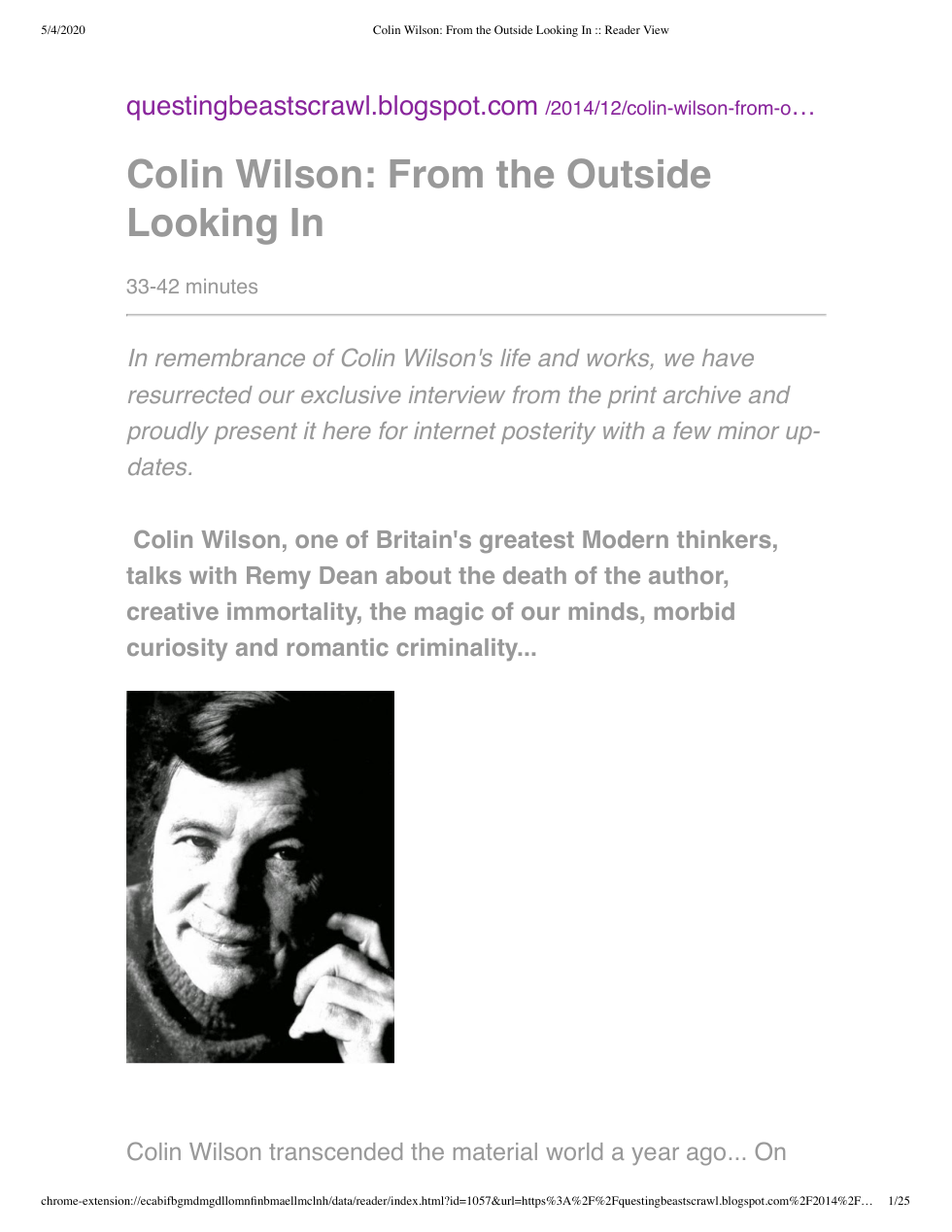 Colin Wilson - Interview - From The Outside Looking In cover
