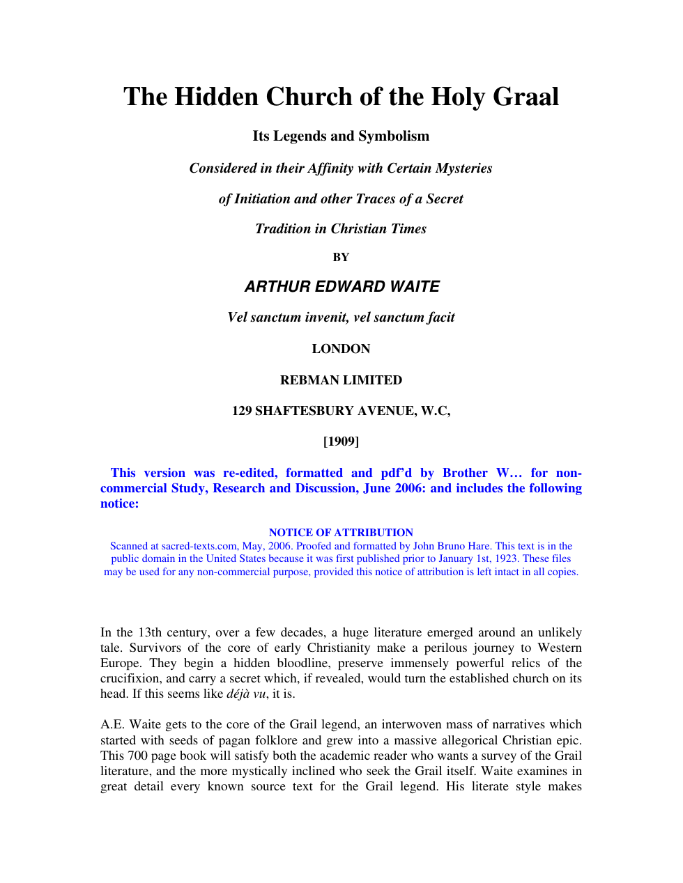 A.E. Waite - Hidden Church Of The Holy Graal cover