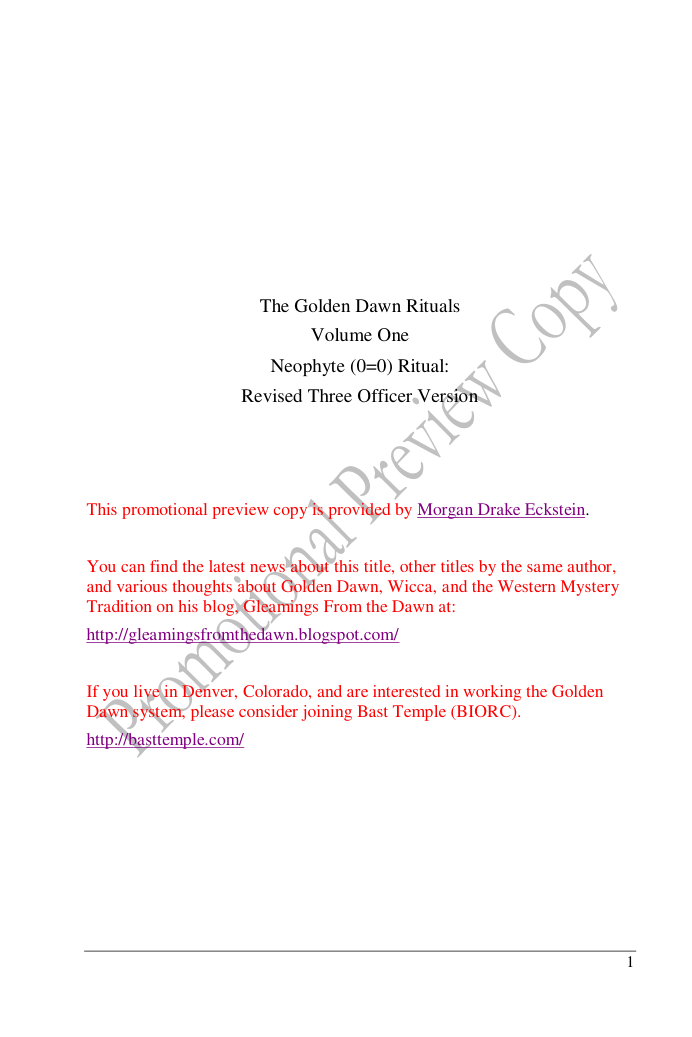 Golden Dawn Rituals Vol 1 Three Officer Version Promotional Preview Copy cover