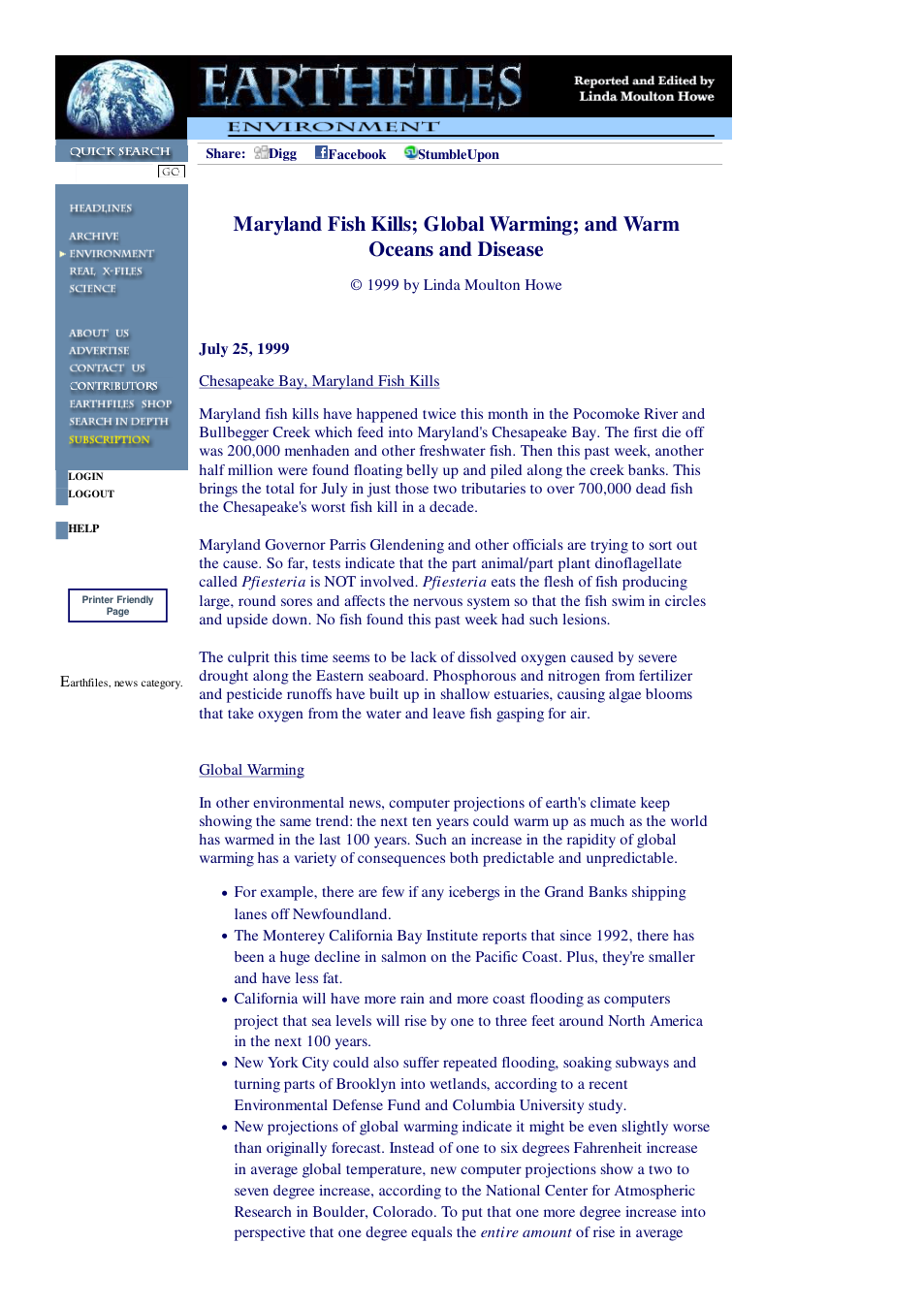 07 25 1999 Maryland Fish Kills; Global Warming; and Warm Oceans and Disease cover