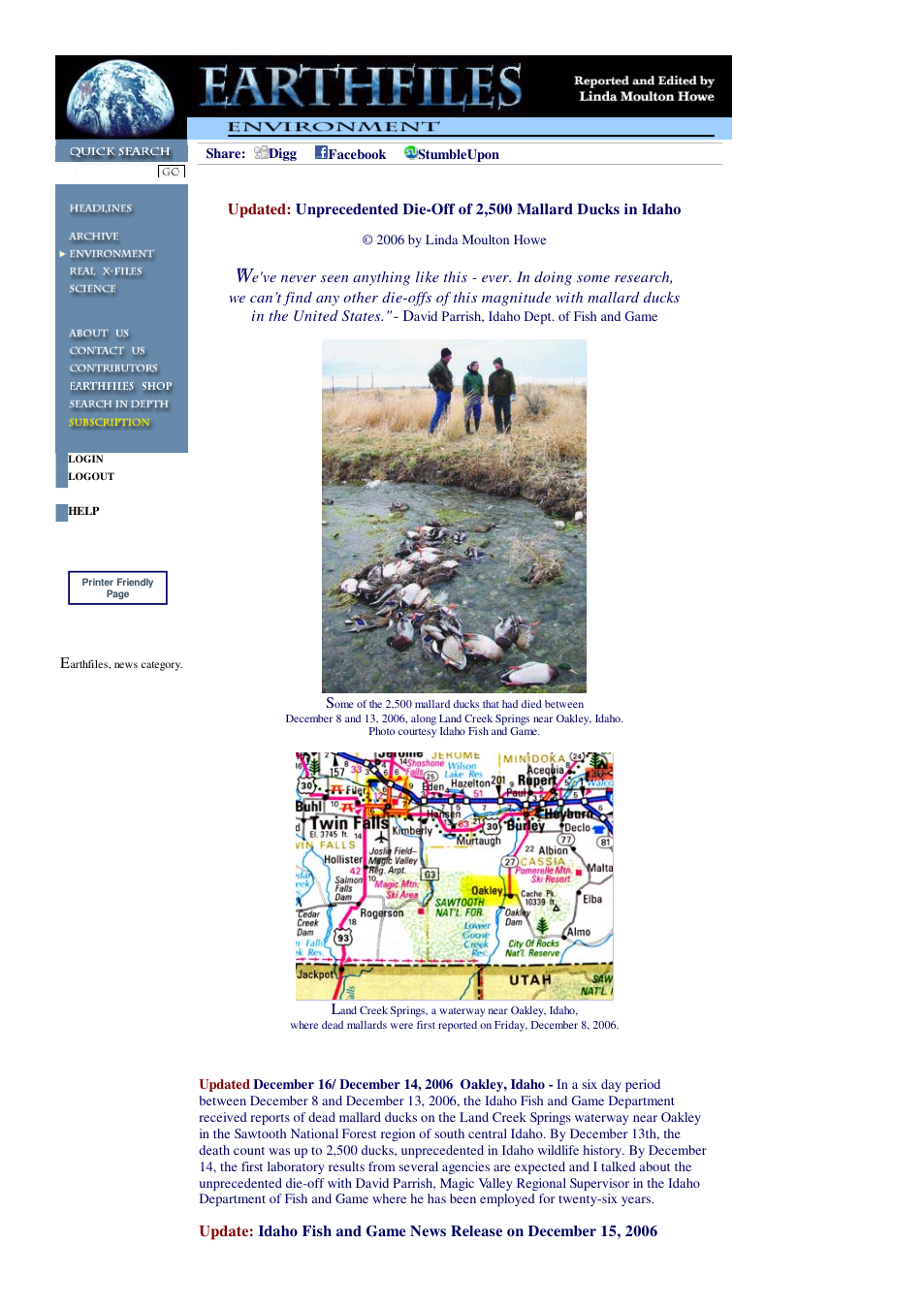 12 16 2006 Updated Unprecedented Die-Off of 2,500 Mallard Ducks in Idaho cover