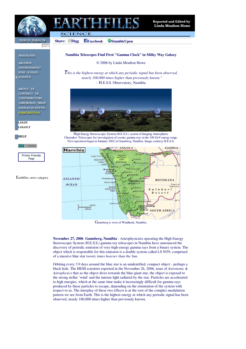 11 27 2006 Namibia Telescopes Find First Gamma Clock in Milky Way Galaxy cover