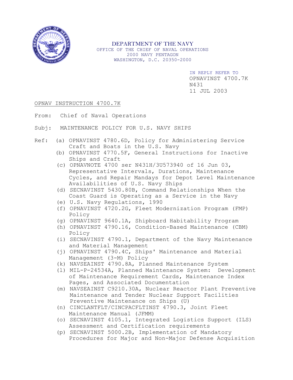 NAVY Maintainence Policy for U.S. Ships 2003, 74 pages cover