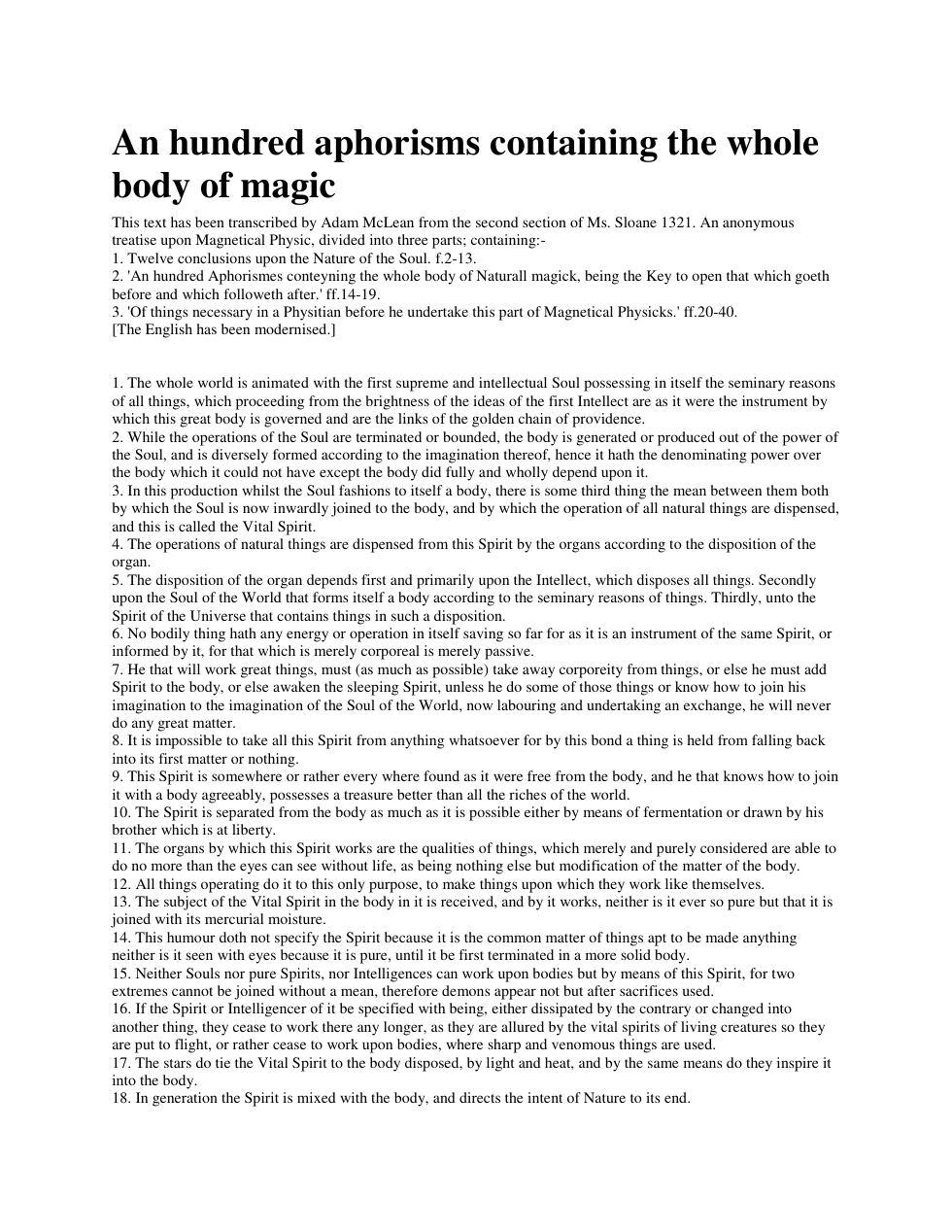 An Hundred Aphorisms Containing the Whole Body of Magic cover