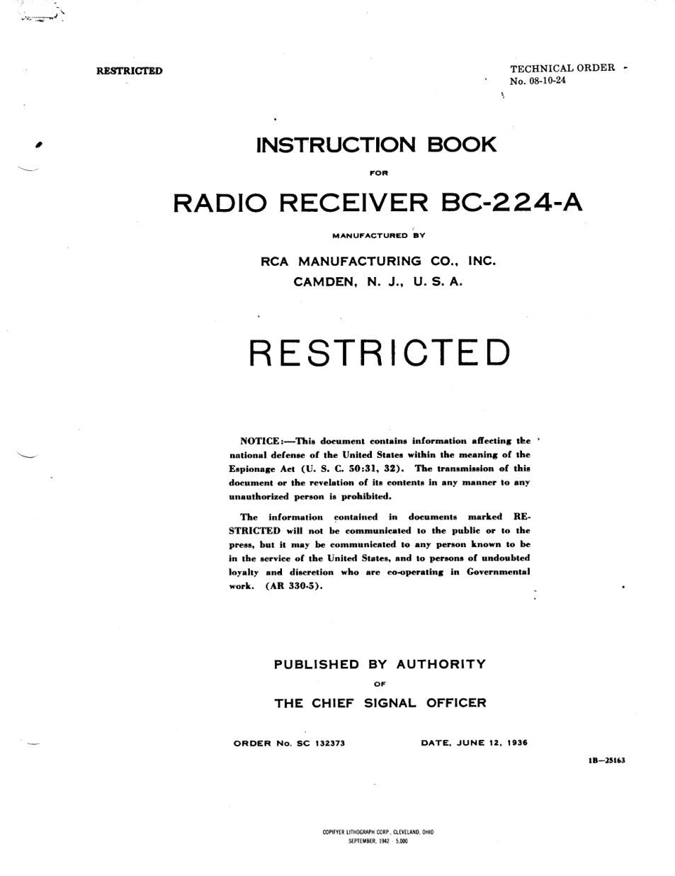 ARMY WWII Radio Receiver Inst. for BC-224A 1936 88 pages cover