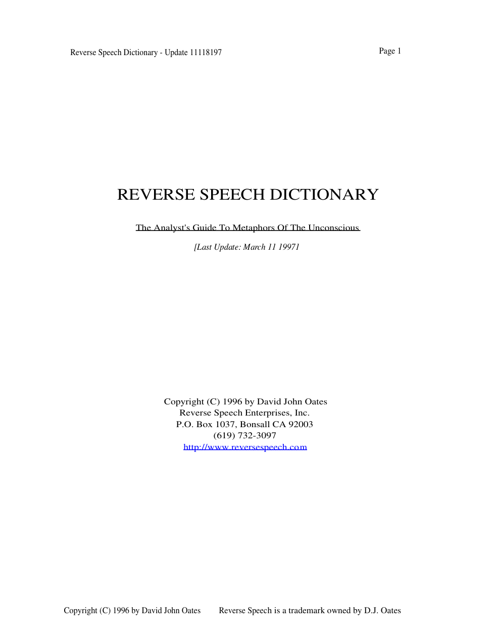 Reverse Speech Dictionary - The Analyst's Guide to Metaphors of the Unconscious cover