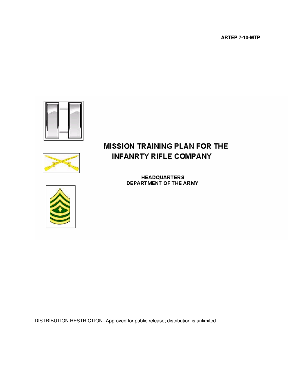 ARTEP 7-10 Mission Training Plan for the Infantry Rifle Company cover