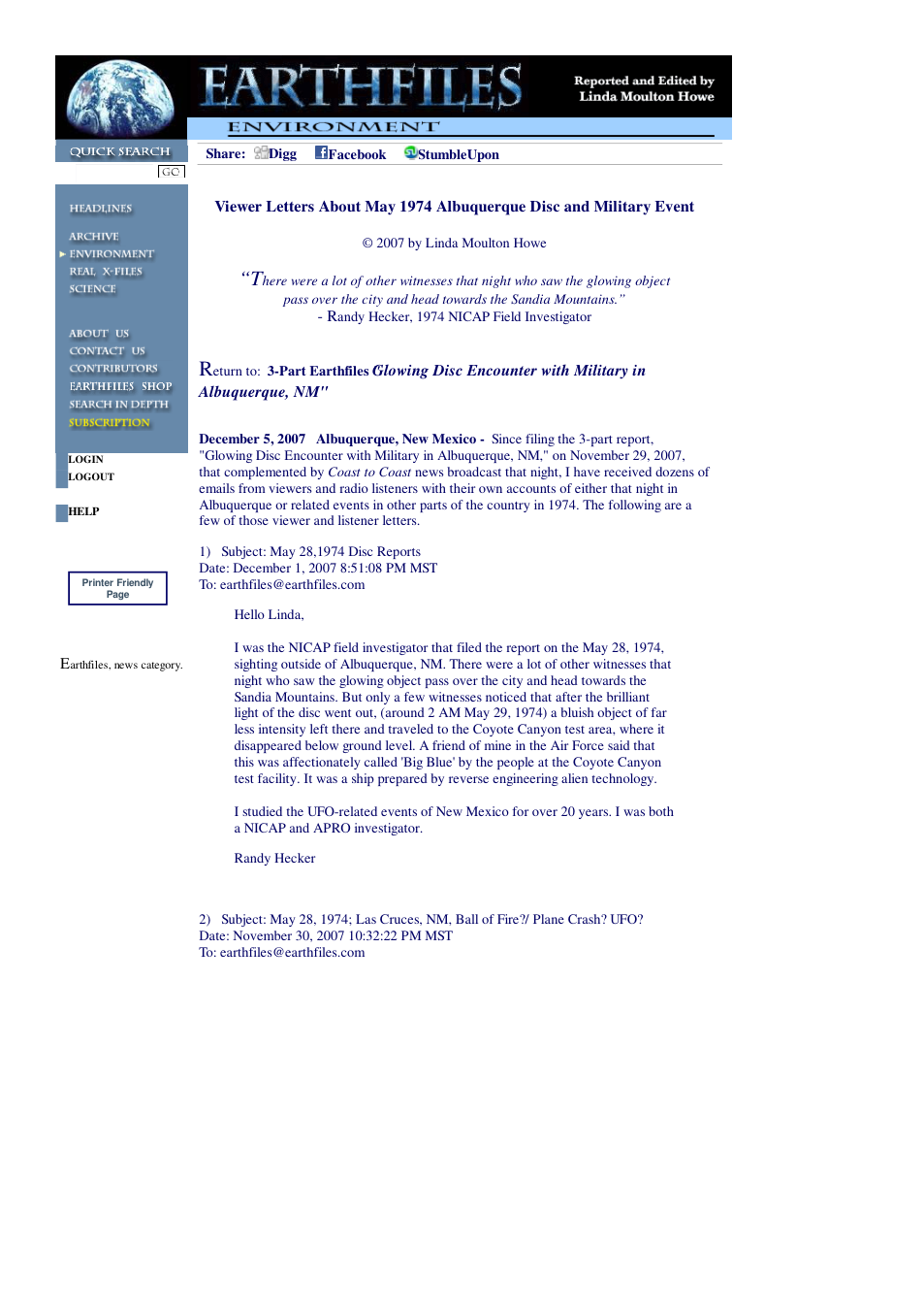 12 05 2007 Viewer Letters About May 1974 Albuquerque Disc and Military Event cover
