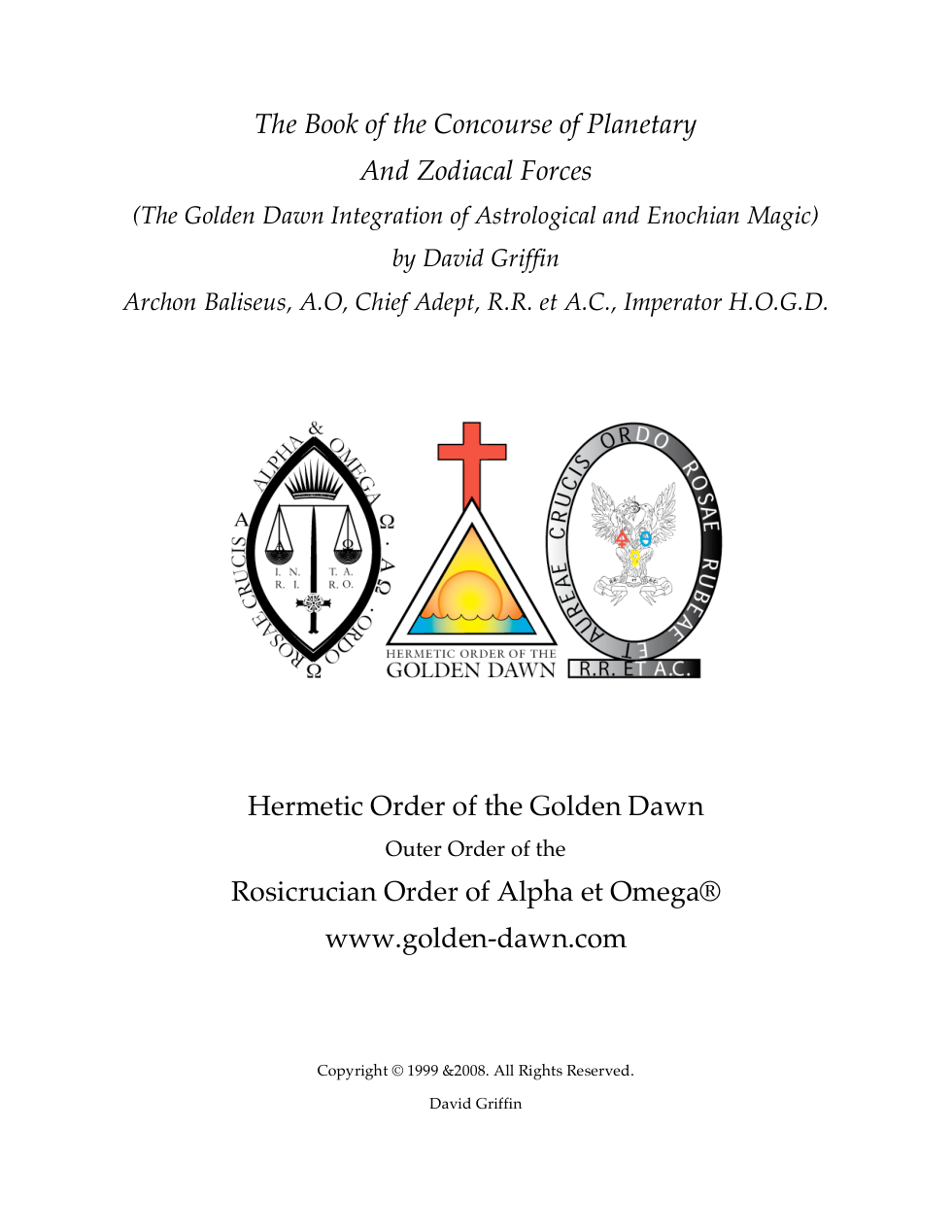 The Book of the Concourse of Planetary and Zodiacal Forces - Golden Dawn by Griffin cover