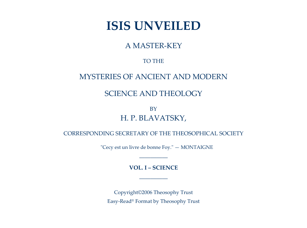 H P Blavatsky - Isis Unveiled Vol I cover