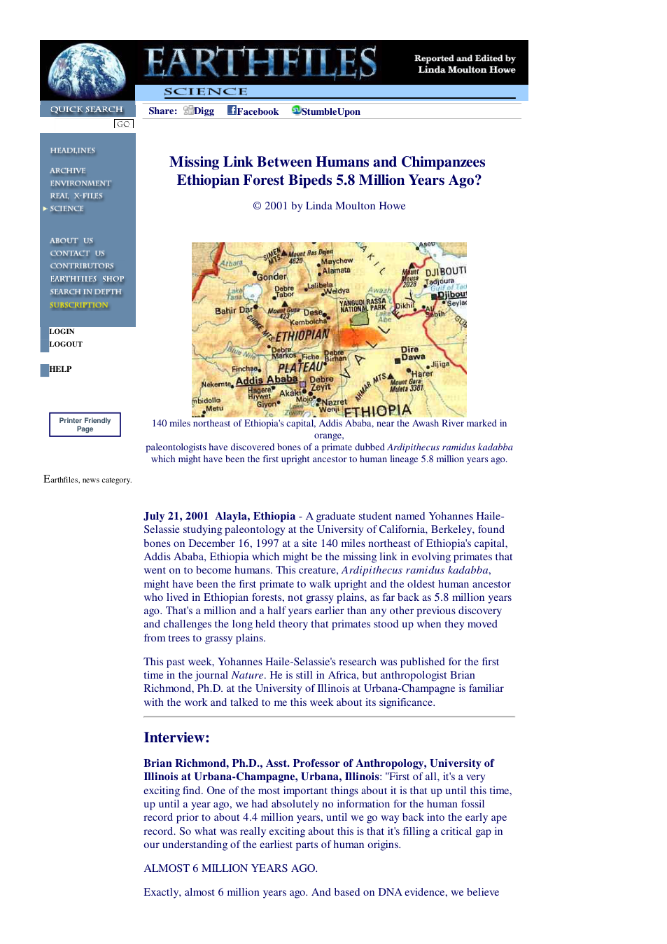 07 21 2001 Missing Link Between Humans and Chimpanzees – Ethiopian Forest Bipeds 5.8 Million Years Ago cover