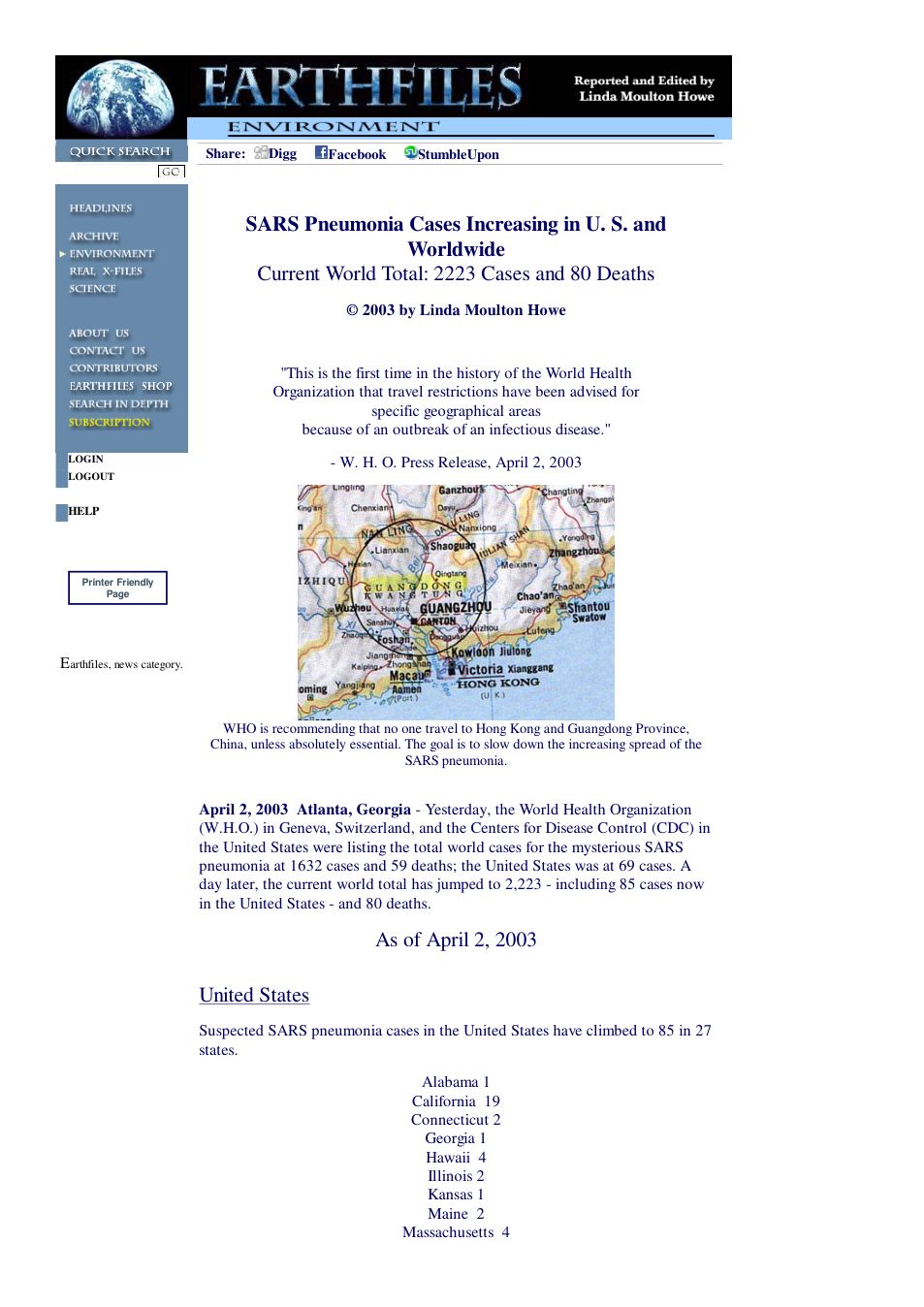 04 02 2003 SARS Pneumonia Cases Increasing in U. S. and Worldwide cover