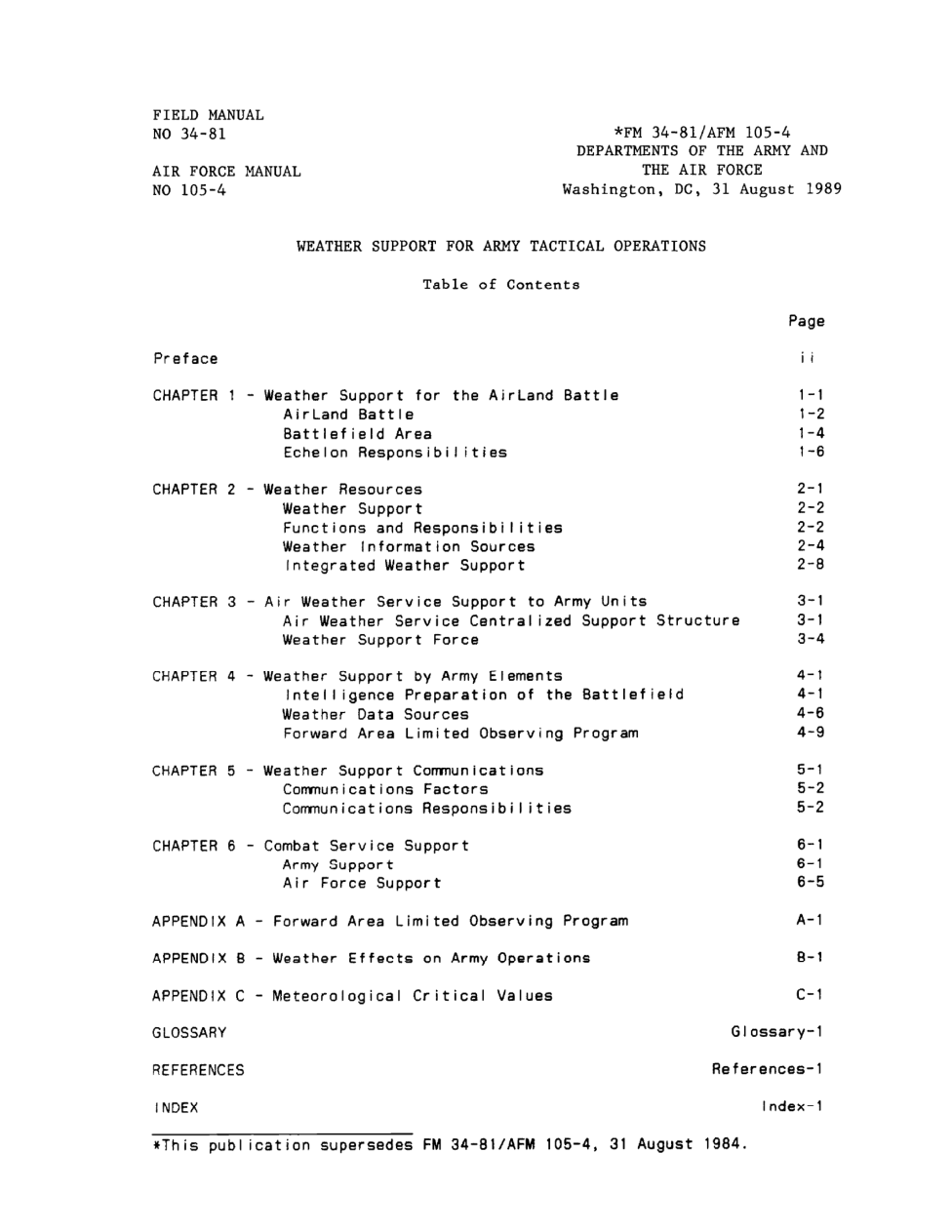 ARMY Weather Support For Army Tactical Ops 1989, 146 pgs cover