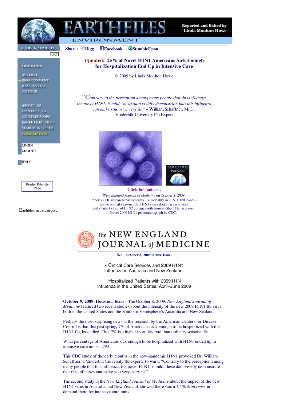 10 09 2009 Updated 25Percemt of Novel H1N1 Americans Sick Enough for Hospitalization End Up in Intensive Care cover