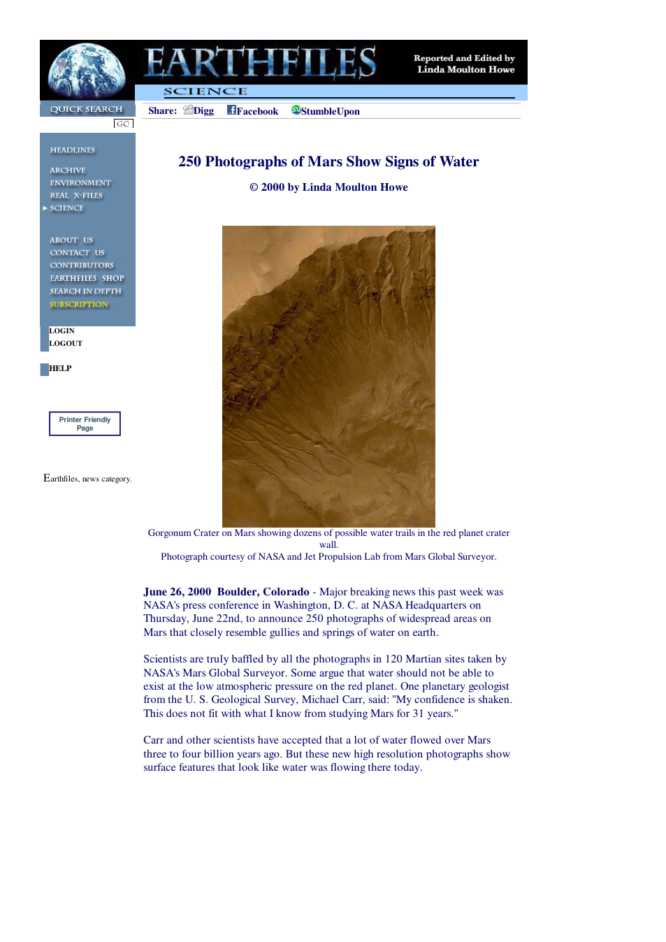 06 26 2000 250 Photographs of Mars Show Signs of Water cover