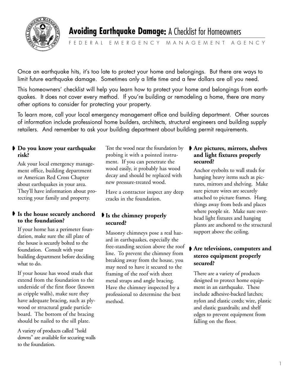 FEMA Avoiding Earthquake Damage Home Checklist 4 pages cover