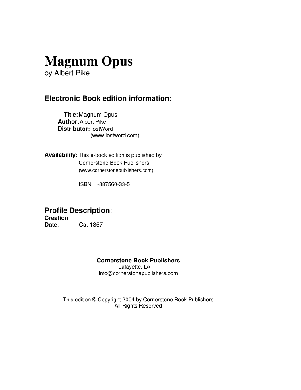 Albert Pike - Magnum Opus or the Great Work cover