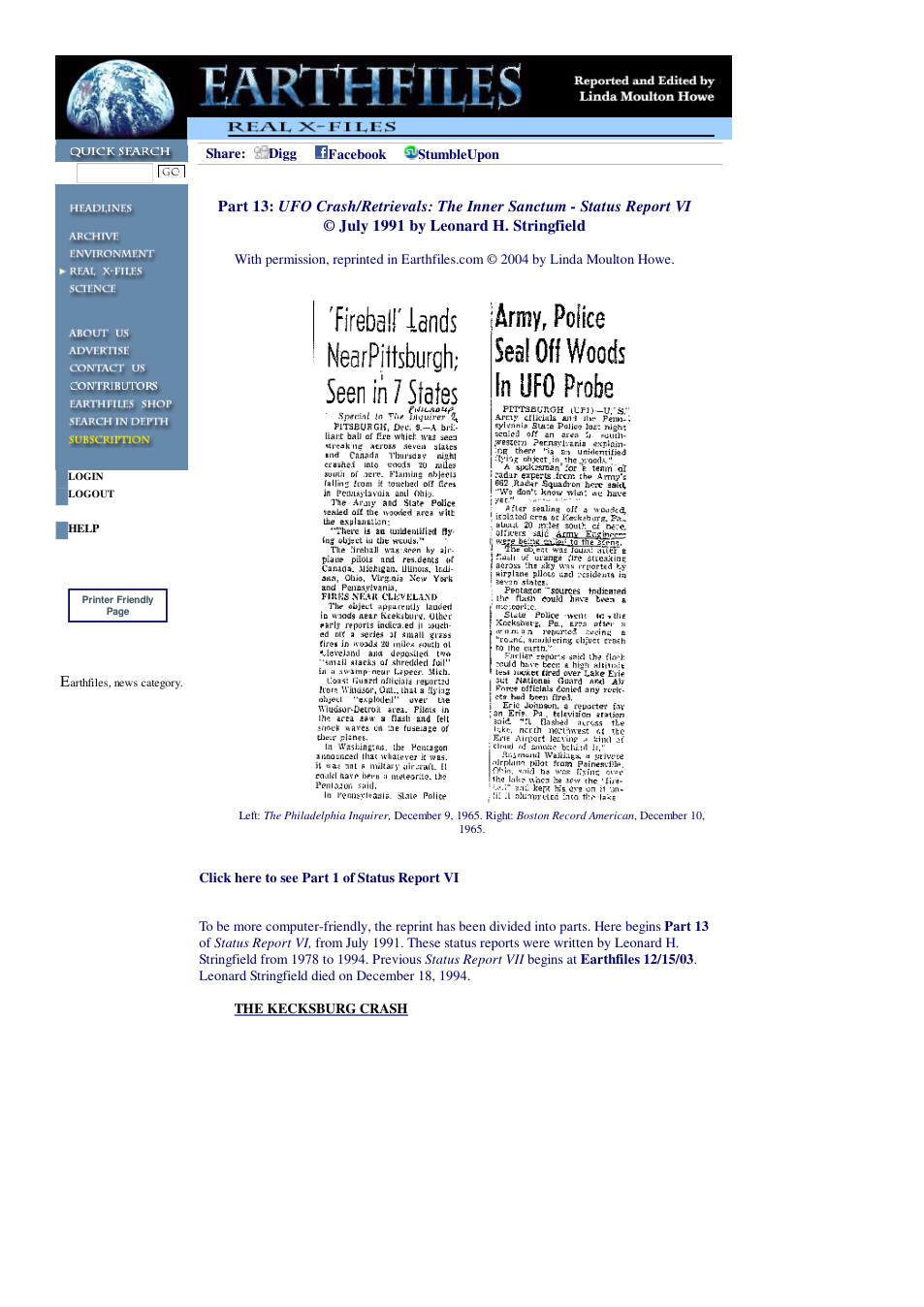07 28 2004 Part 13 UFO Crash Retrievals The Inner Sanctum - Status Report VI July 1991 by Leonard H. Stringfield cover