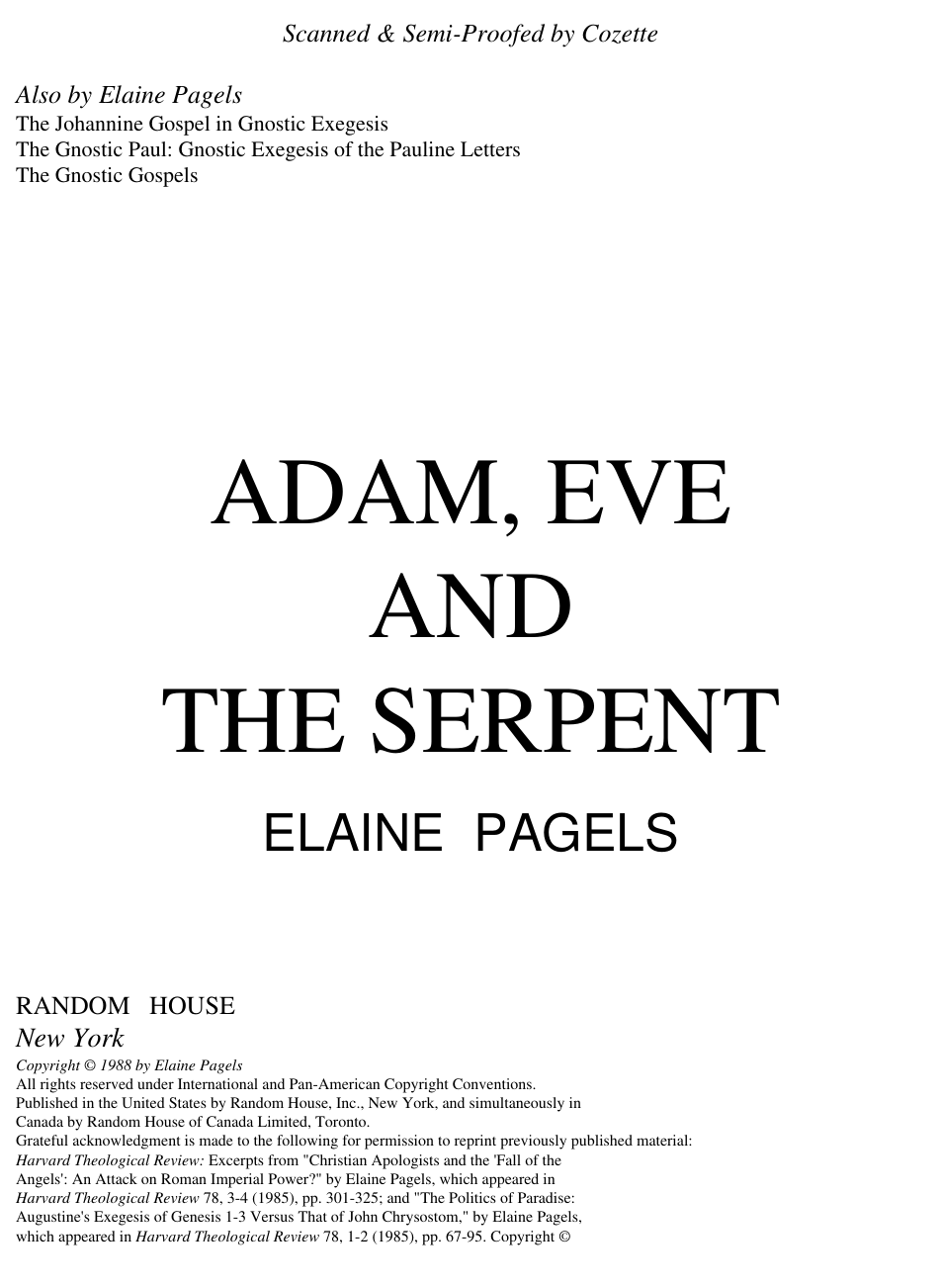 Elaine Pagels - Adam Eve And The Serpent cover