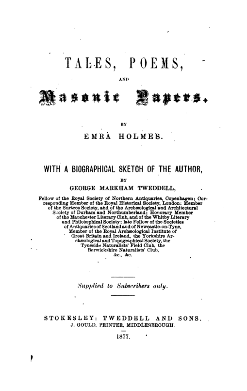 Tales Poems & Masonic Papers - E Holmes cover