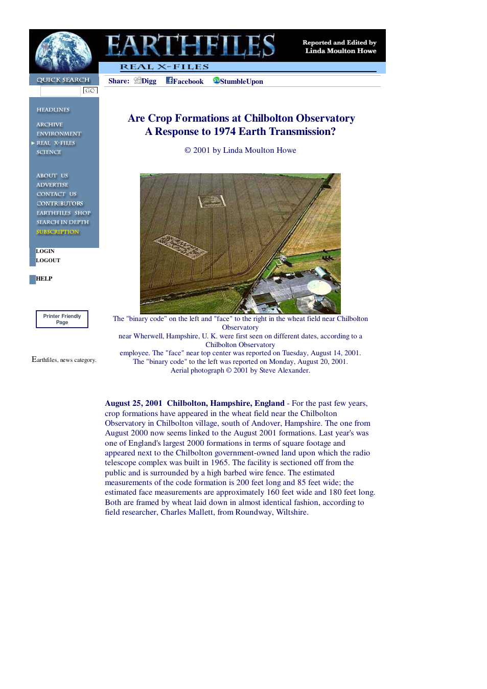 08 25 2001 Are Crop Formations at Chilbolton Observatory A Response to 1974 Earth Transmission cover