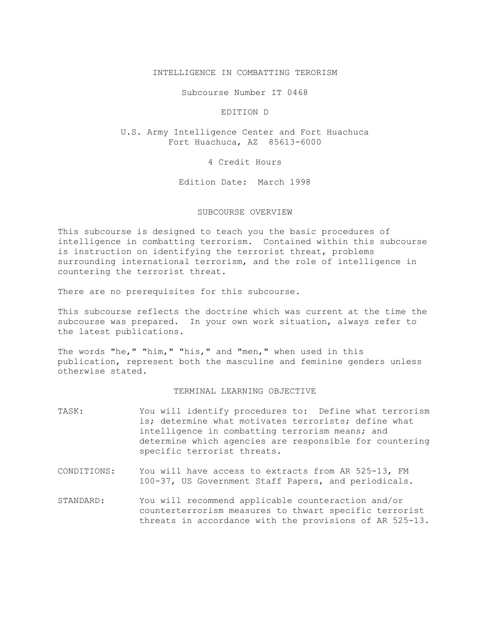 ARMY Intel. in Combatting Terrorism IT0468 1998 98 pages cover