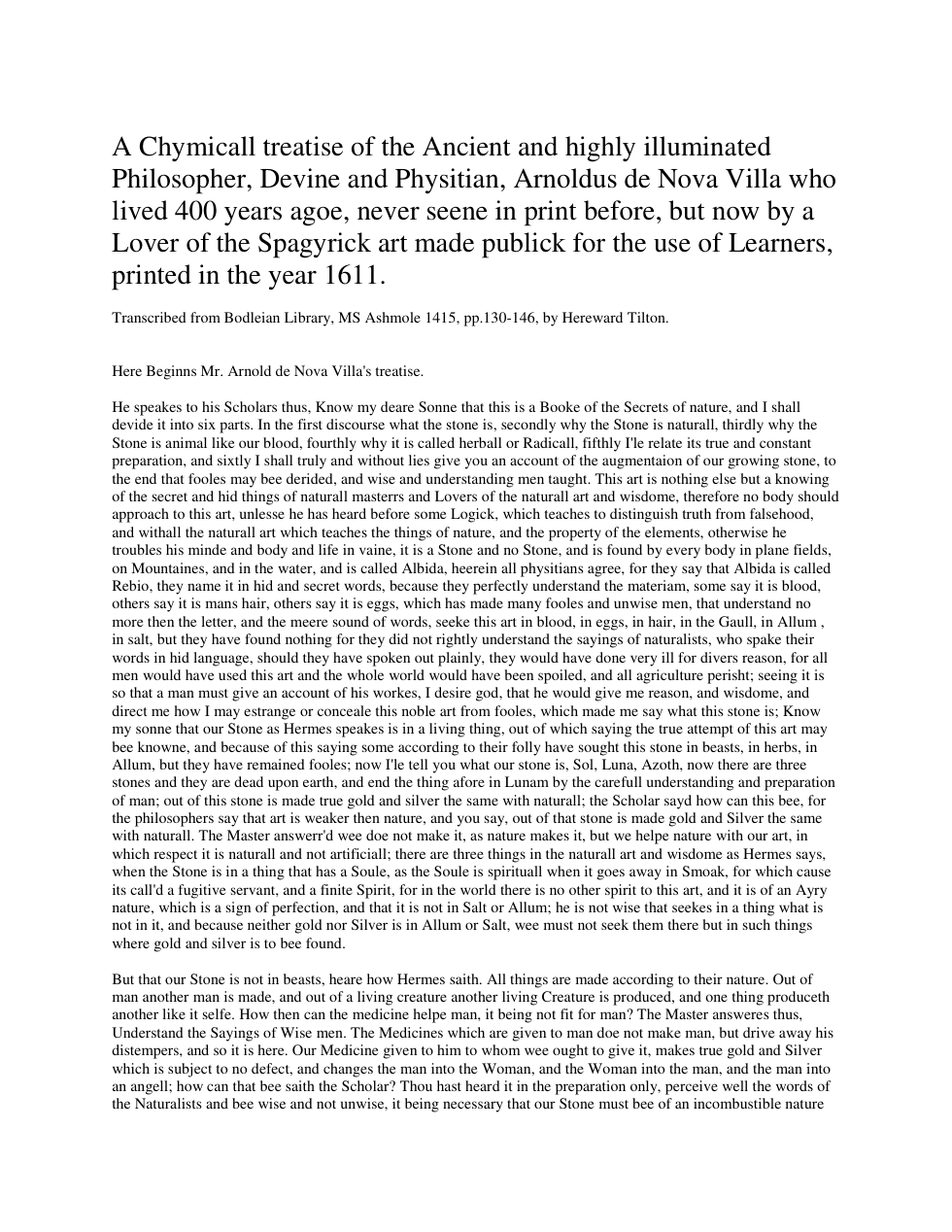 A Chymicall treatise of Arnoldus de Nova Villa cover