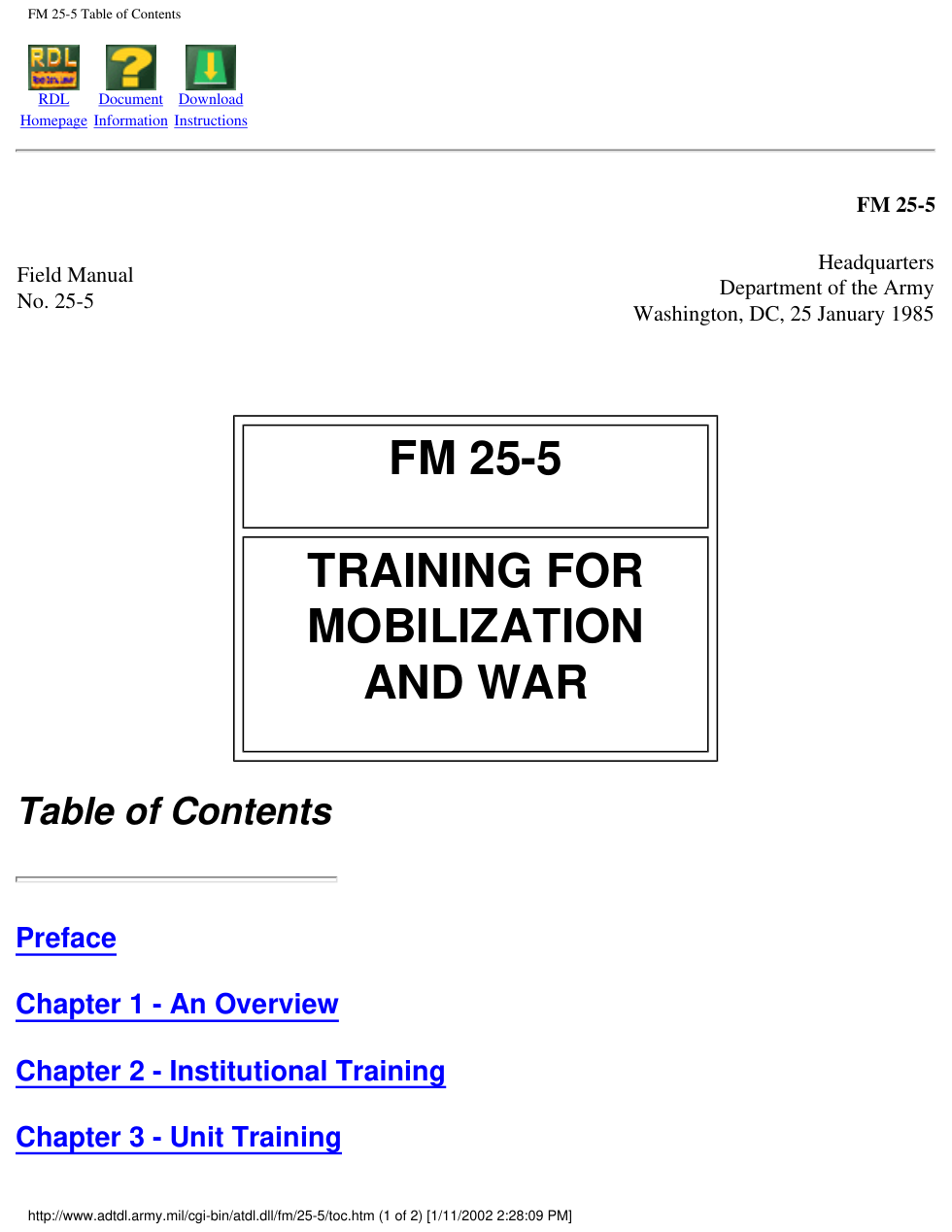 FM 25-5 Training for Mobilization and War cover
