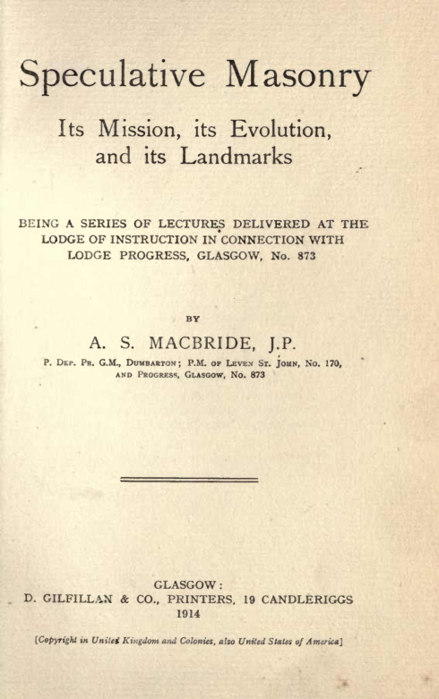 Speculative Masonry - A S Macbride cover