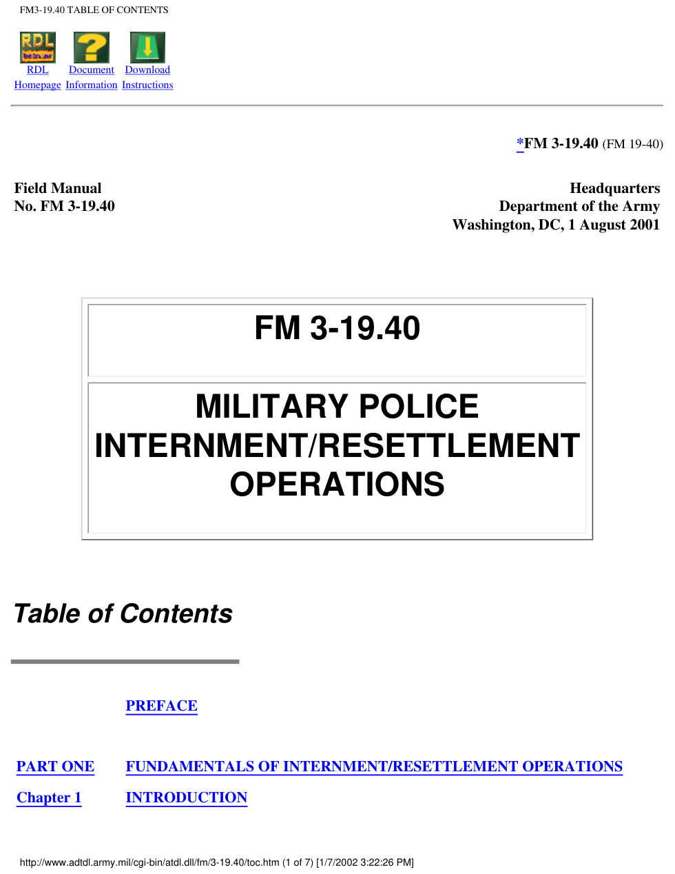 ARMY MP Internment Resettlement Ops 2001 317pgs cover