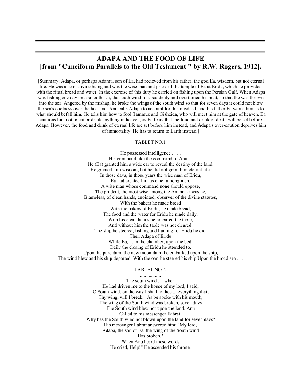 Adapa and the Food of Life cover