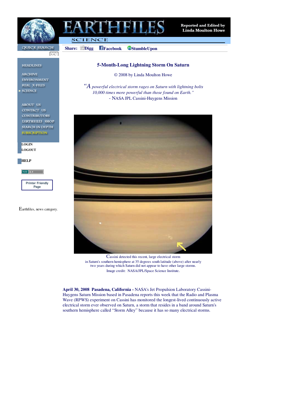 04 30 2008 5-Month-Long Lightning Storm On Saturn cover