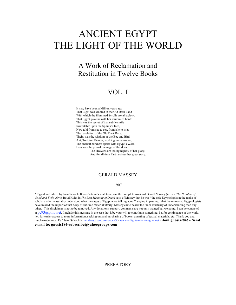 Ancient Egypt The Light Of The World - Vol 1 cover