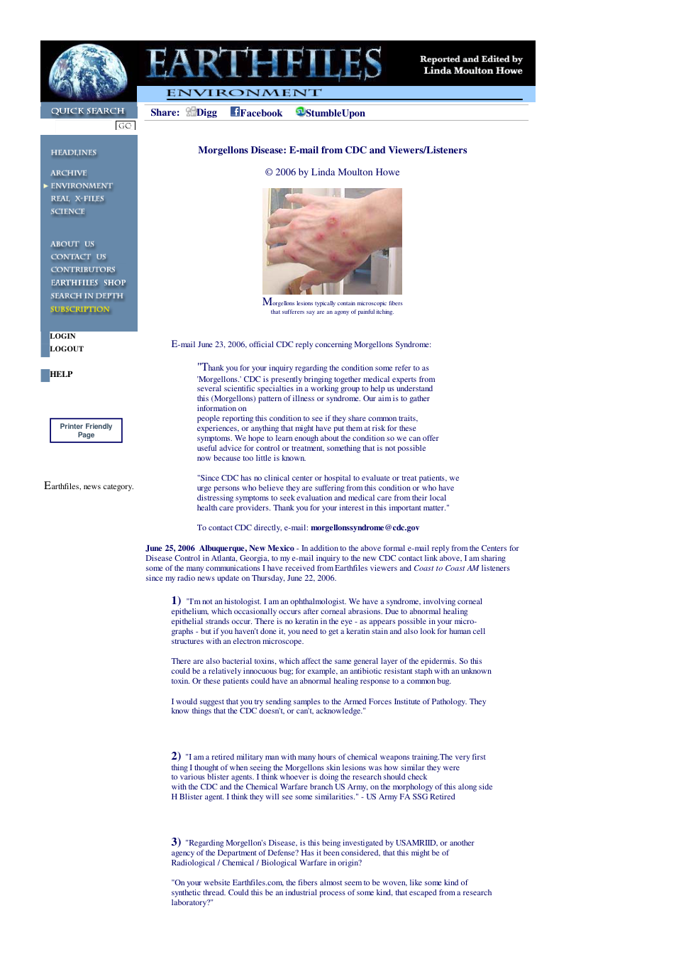 06 25 2006 Morgellons Disease E-mail from CDC and Viewers Listeners cover